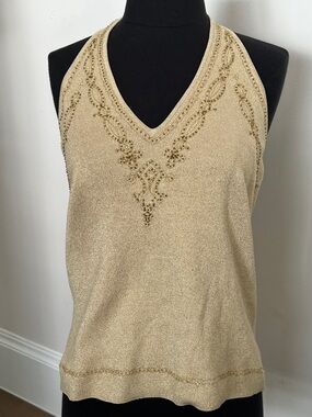 Sandra Gold Knit V-Neck Sleeveless Beaded Camisole
